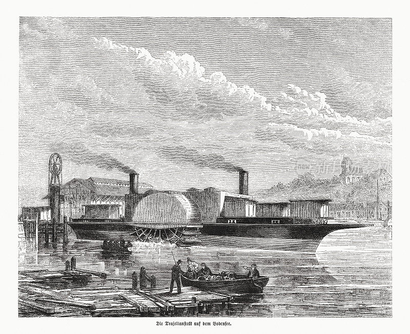 康斯坦斯湖火车渡船(bodense - trajekt)，木版画，出版于1870年